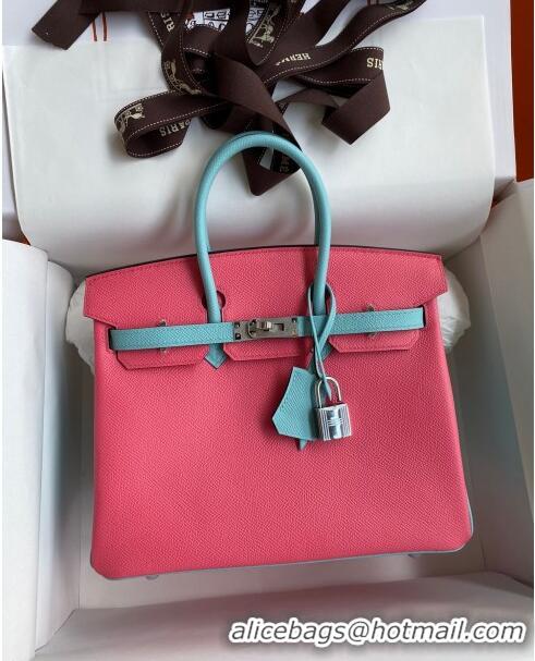 Luxurious Hermes Birkin 25cm Bag in Original Epsom Leather H25 Lipstick Pink/Blue/Silver 2024 (Full Handmade)