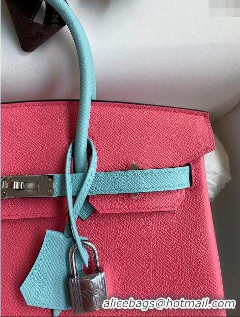 Luxurious Hermes Birkin 25cm Bag in Original Epsom Leather H25 Lipstick Pink/Blue/Silver 2024 (Full Handmade)