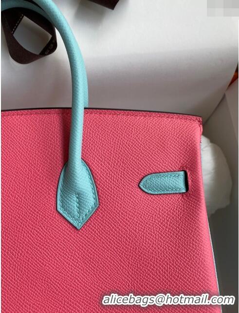 Luxurious Hermes Birkin 25cm Bag in Original Epsom Leather H25 Lipstick Pink/Blue/Silver 2024 (Full Handmade)