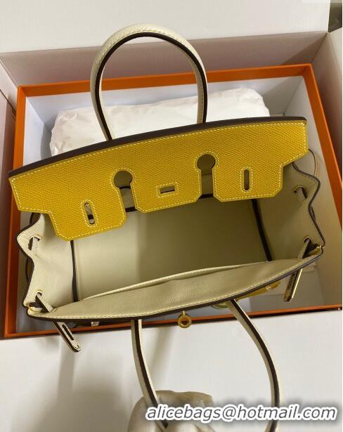 Trendy Design Hermes Birkin 25cm Bag in Original Epsom Leather H25 Amber Yellow/Cream White/Gold 2024 (Full Handmade)