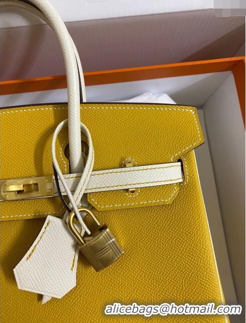 Trendy Design Hermes Birkin 25cm Bag in Original Epsom Leather H25 Amber Yellow/Cream White/Gold 2024 (Full Handmade)