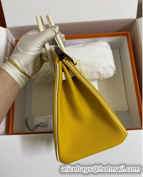 Trendy Design Hermes Birkin 25cm Bag in Original Epsom Leather H25 Amber Yellow/Cream White/Gold 2024 (Full Handmade)