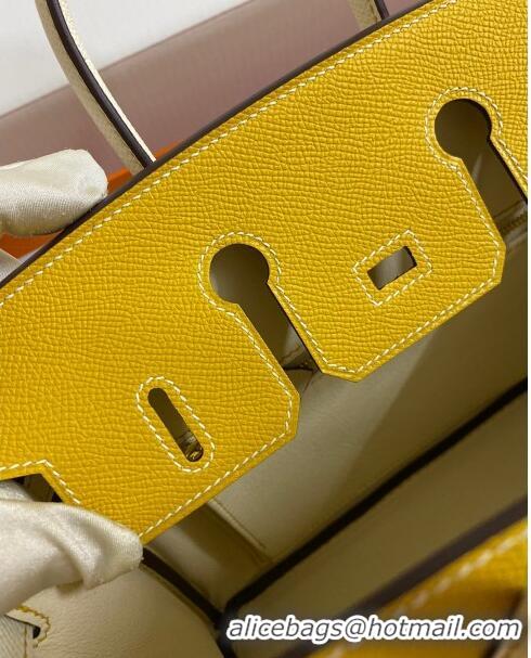 Trendy Design Hermes Birkin 25cm Bag in Original Epsom Leather H25 Amber Yellow/Cream White/Gold 2024 (Full Handmade)