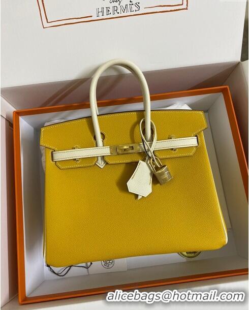 Trendy Design Hermes Birkin 25cm Bag in Original Epsom Leather H25 Amber Yellow/Cream White/Gold 2024 (Full Handmade)