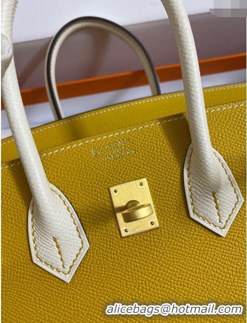 Trendy Design Hermes Birkin 25cm Bag in Original Epsom Leather H25 Amber Yellow/Cream White/Gold 2024 (Full Handmade)