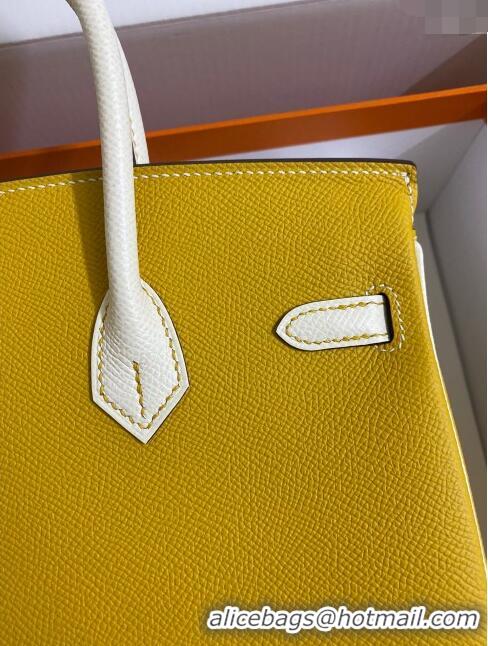 Trendy Design Hermes Birkin 25cm Bag in Original Epsom Leather H25 Amber Yellow/Cream White/Gold 2024 (Full Handmade)