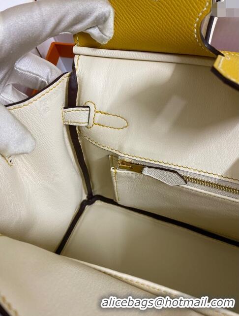 Trendy Design Hermes Birkin 25cm Bag in Original Epsom Leather H25 Amber Yellow/Cream White/Gold 2024 (Full Handmade)