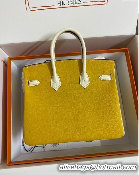 Trendy Design Hermes Birkin 25cm Bag in Original Epsom Leather H25 Amber Yellow/Cream White/Gold 2024 (Full Handmade)