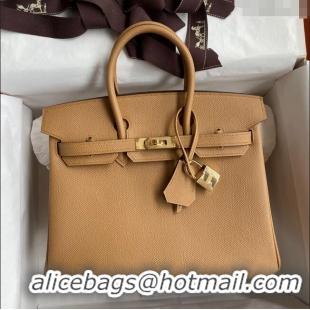 New Fashion Hermes Birkin 25cm Bag in Original Epsom Leather H25 Biscuit/Gold 2024 (Full Handmade)