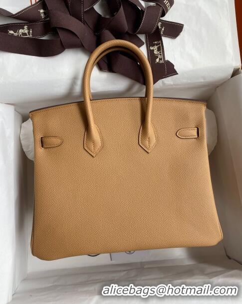 New Fashion Hermes Birkin 25cm Bag in Original Epsom Leather H25 Biscuit/Gold 2024 (Full Handmade)