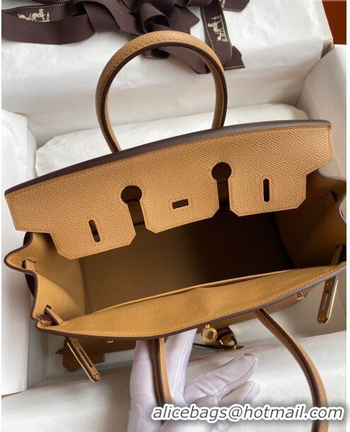 New Fashion Hermes Birkin 25cm Bag in Original Epsom Leather H25 Biscuit/Gold 2024 (Full Handmade)