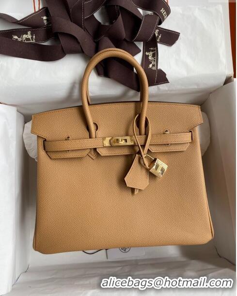 New Fashion Hermes Birkin 25cm Bag in Original Epsom Leather H25 Biscuit/Gold 2024 (Full Handmade)