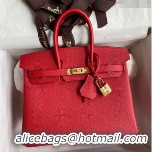 Well Crafted Hermes Birkin 25cm Bag in Original Epsom Leather H25 Flag Red/Gold 2024 (Full Handmade)