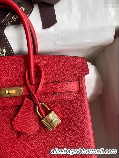 Well Crafted Hermes Birkin 25cm Bag in Original Epsom Leather H25 Flag Red/Gold 2024 (Full Handmade)