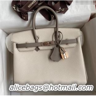 Grade Quality Hermes Birkin 25cm Bag in Original Epsom Leather H25 Milkshake White/Grey/Rosy Gold 2024 (Full Handmade)