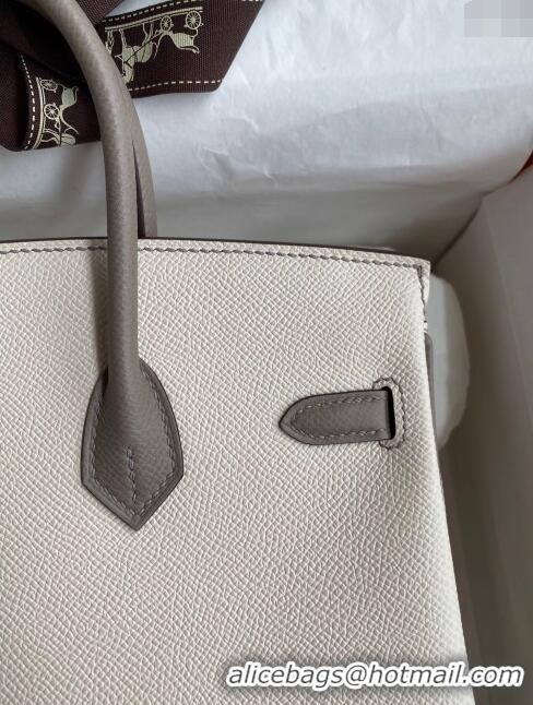 Grade Quality Hermes Birkin 25cm Bag in Original Epsom Leather H25 Milkshake White/Grey/Rosy Gold 2024 (Full Handmade)