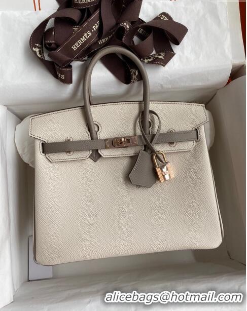 Grade Quality Hermes Birkin 25cm Bag in Original Epsom Leather H25 Milkshake White/Grey/Rosy Gold 2024 (Full Handmade)