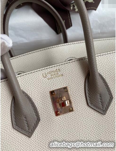 Grade Quality Hermes Birkin 25cm Bag in Original Epsom Leather H25 Milkshake White/Grey/Rosy Gold 2024 (Full Handmade)