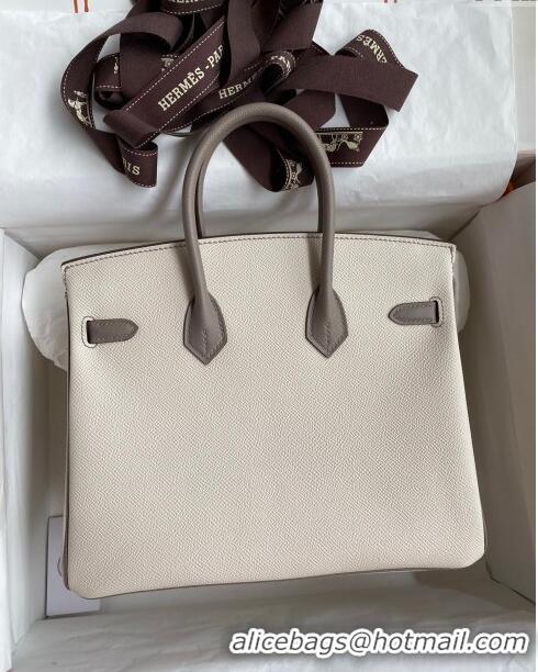 Grade Quality Hermes Birkin 25cm Bag in Original Epsom Leather H25 Milkshake White/Grey/Rosy Gold 2024 (Full Handmade)