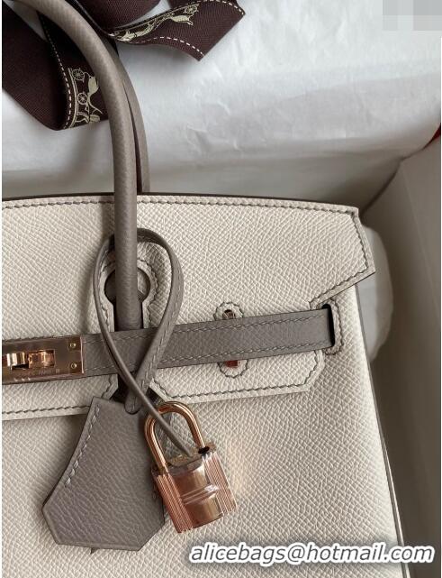 Grade Quality Hermes Birkin 25cm Bag in Original Epsom Leather H25 Milkshake White/Grey/Rosy Gold 2024 (Full Handmade)