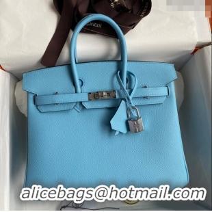 Free Shipping Hermes Birkin 25cm Bag in Original Epsom Leather H25 Candy Blue/Silver 2024 (Full Handmade)