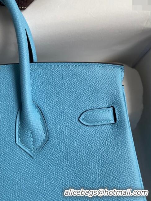 Free Shipping Hermes Birkin 25cm Bag in Original Epsom Leather H25 Candy Blue/Silver 2024 (Full Handmade)