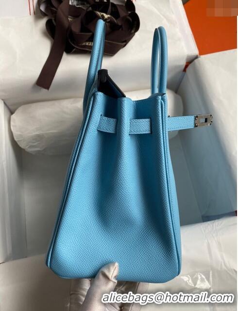 Free Shipping Hermes Birkin 25cm Bag in Original Epsom Leather H25 Candy Blue/Silver 2024 (Full Handmade)