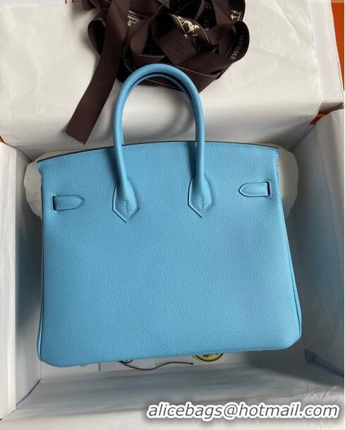 Free Shipping Hermes Birkin 25cm Bag in Original Epsom Leather H25 Candy Blue/Silver 2024 (Full Handmade)