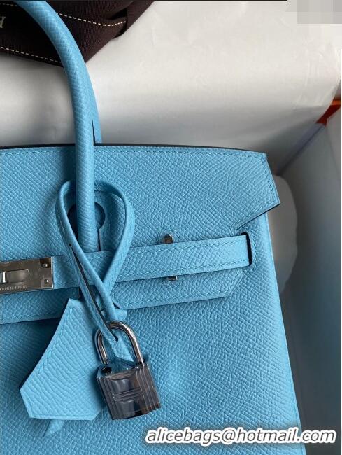 Free Shipping Hermes Birkin 25cm Bag in Original Epsom Leather H25 Candy Blue/Silver 2024 (Full Handmade)