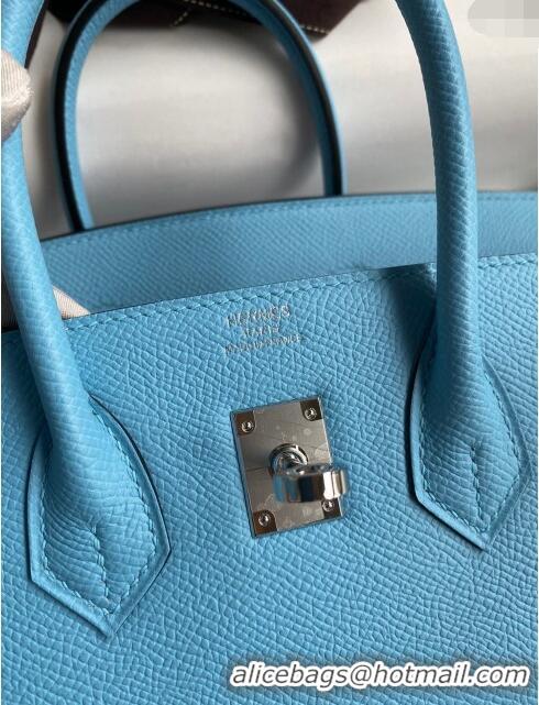 Free Shipping Hermes Birkin 25cm Bag in Original Epsom Leather H25 Candy Blue/Silver 2024 (Full Handmade)