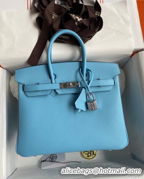 Free Shipping Hermes Birkin 25cm Bag in Original Epsom Leather H25 Candy Blue/Silver 2024 (Full Handmade)