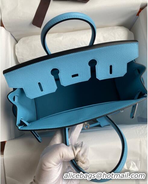 Free Shipping Hermes Birkin 25cm Bag in Original Epsom Leather H25 Candy Blue/Silver 2024 (Full Handmade)