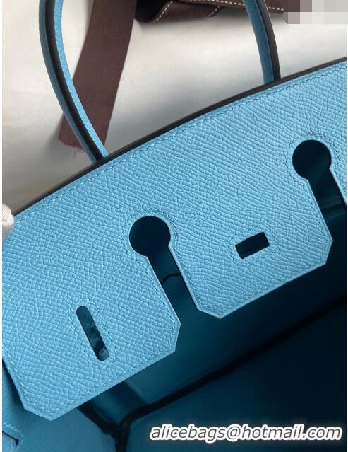 Free Shipping Hermes Birkin 25cm Bag in Original Epsom Leather H25 Candy Blue/Silver 2024 (Full Handmade)