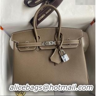 Sumptuous Hermes Birkin 25cm Bag in Original Epsom Leather H25 Etoupe/Silver 2024 (Full Handmade)