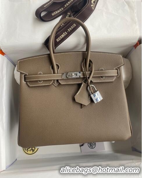 Sumptuous Hermes Birkin 25cm Bag in Original Epsom Leather H25 Etoupe/Silver 2024 (Full Handmade)