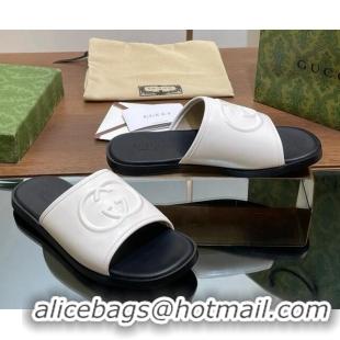 Modern Gucci Men's Leather Interlocking G Flat Slides Sandal White 702122