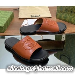 Purchase Gucci Men's Leather Interlocking G Flat Slides Sandal Brown 702123