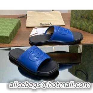 Duplicate Gucci Men's Leather Interlocking G Flat Slides Sandal Blue 702124