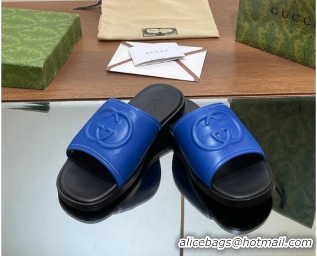 Duplicate Gucci Men's Leather Interlocking G Flat Slides Sandal Blue 702124