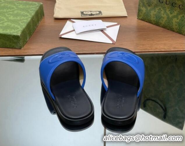 Duplicate Gucci Men's Leather Interlocking G Flat Slides Sandal Blue 702124