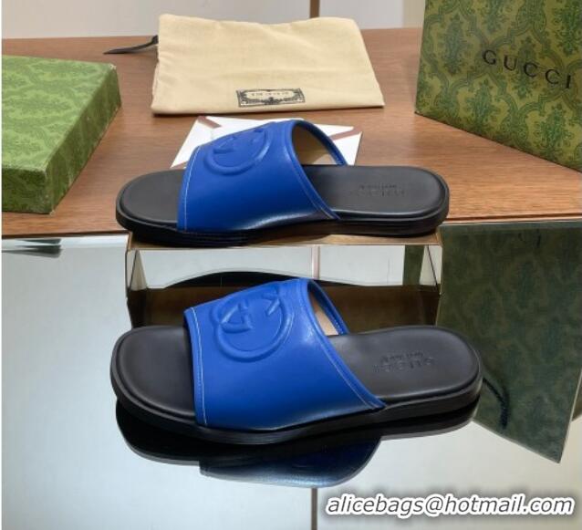 Duplicate Gucci Men's Leather Interlocking G Flat Slides Sandal Blue 702124