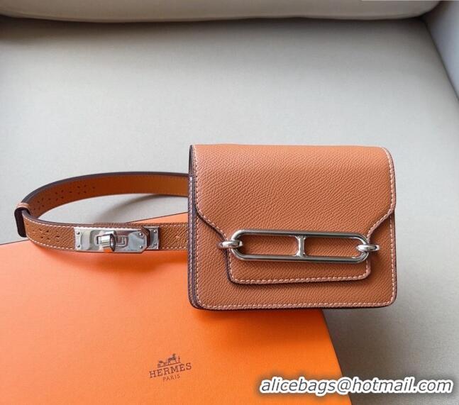 Well Crafted Hermes Roulis Slim Hop Pouch Belt in Grained Calfskin with Perforated Pattern 6008 Brown 2024