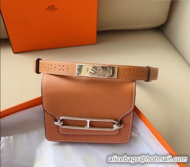 Well Crafted Hermes Roulis Slim Hop Pouch Belt in Grained Calfskin with Perforated Pattern 6008 Brown 2024