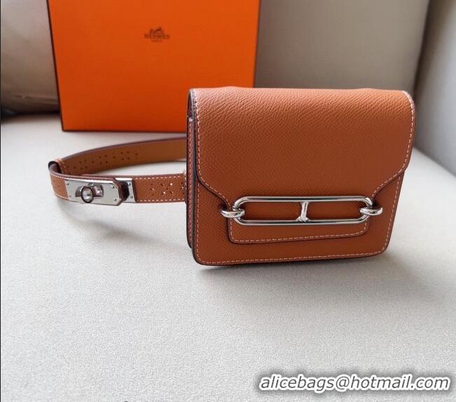 Well Crafted Hermes Roulis Slim Hop Pouch Belt in Grained Calfskin with Perforated Pattern 6008 Brown 2024