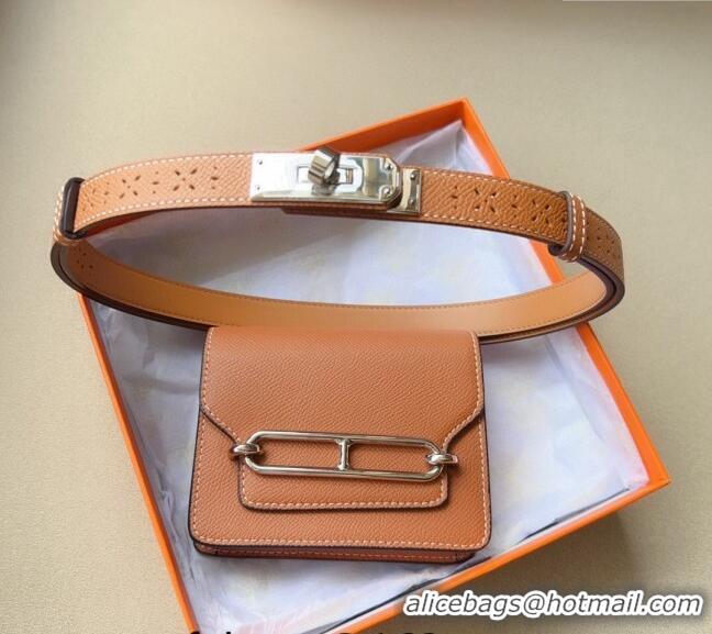 Well Crafted Hermes Roulis Slim Hop Pouch Belt in Grained Calfskin with Perforated Pattern 6008 Brown 2024