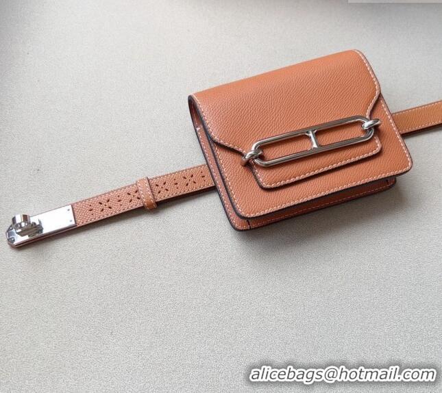 Well Crafted Hermes Roulis Slim Hop Pouch Belt in Grained Calfskin with Perforated Pattern 6008 Brown 2024