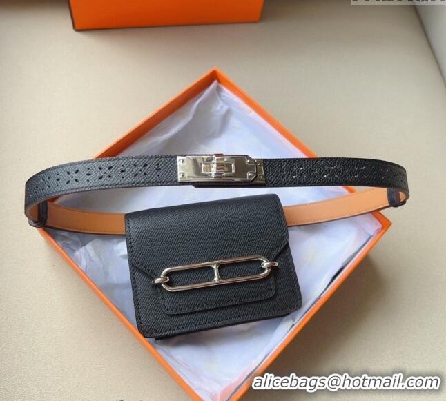 Super Quality Hermes Roulis Slim Hop Pouch Belt in Grained Calfskin with Perforated Pattern 6008 Black 2024