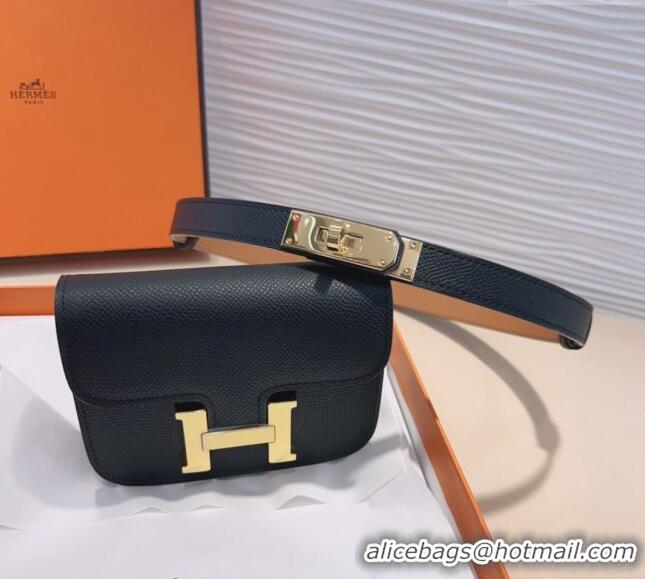 Famous Brand Hermes Kelly Buckle Pouch Belt in Grained Calfskin with Gold Hardware 0706 Black 2024