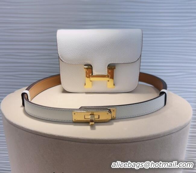 Top Grade Hermes Kelly Buckle Pouch Belt in Grained Calfskin with Gold Hardware 0706 White 2024