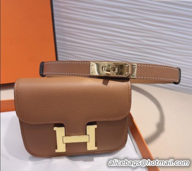 Buy Fashionable Hermes Kelly Buckle Pouch Belt in Grained Calfskin with Gold Hardware 0706 Brown 2024